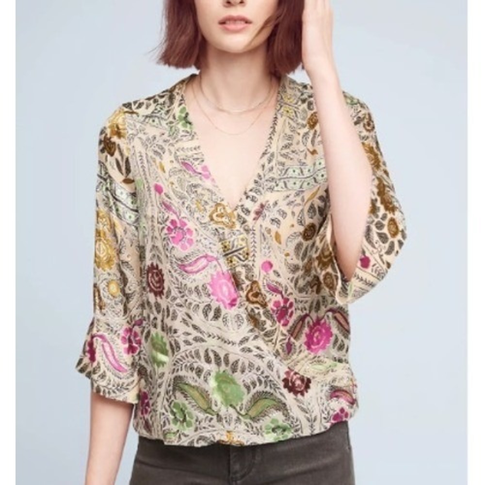 Anthropologie Floreat‎ Japonica Floral Paisley Wrap Blouse Medium Silk Blend